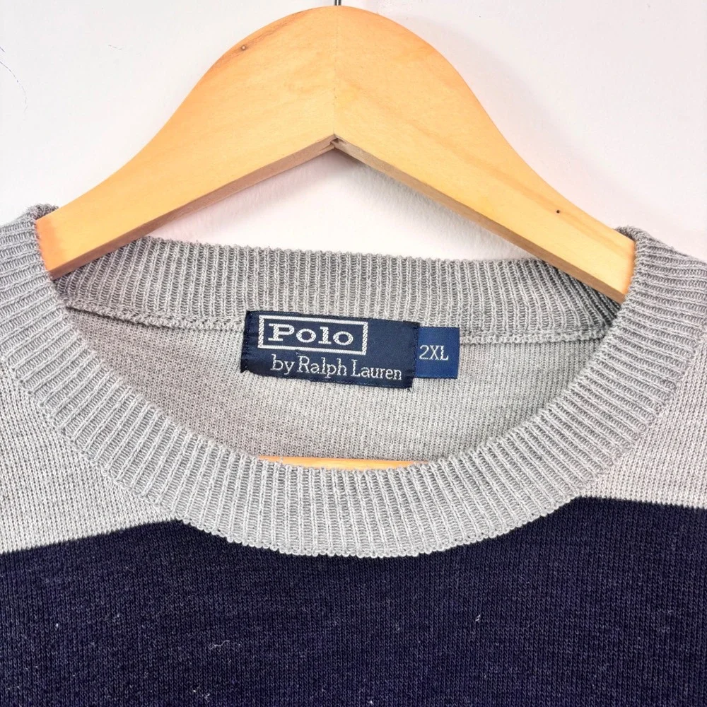 Polo Ralph Lauren Gray Navy Striped Crewneck Sweater Pony Logo 2XL